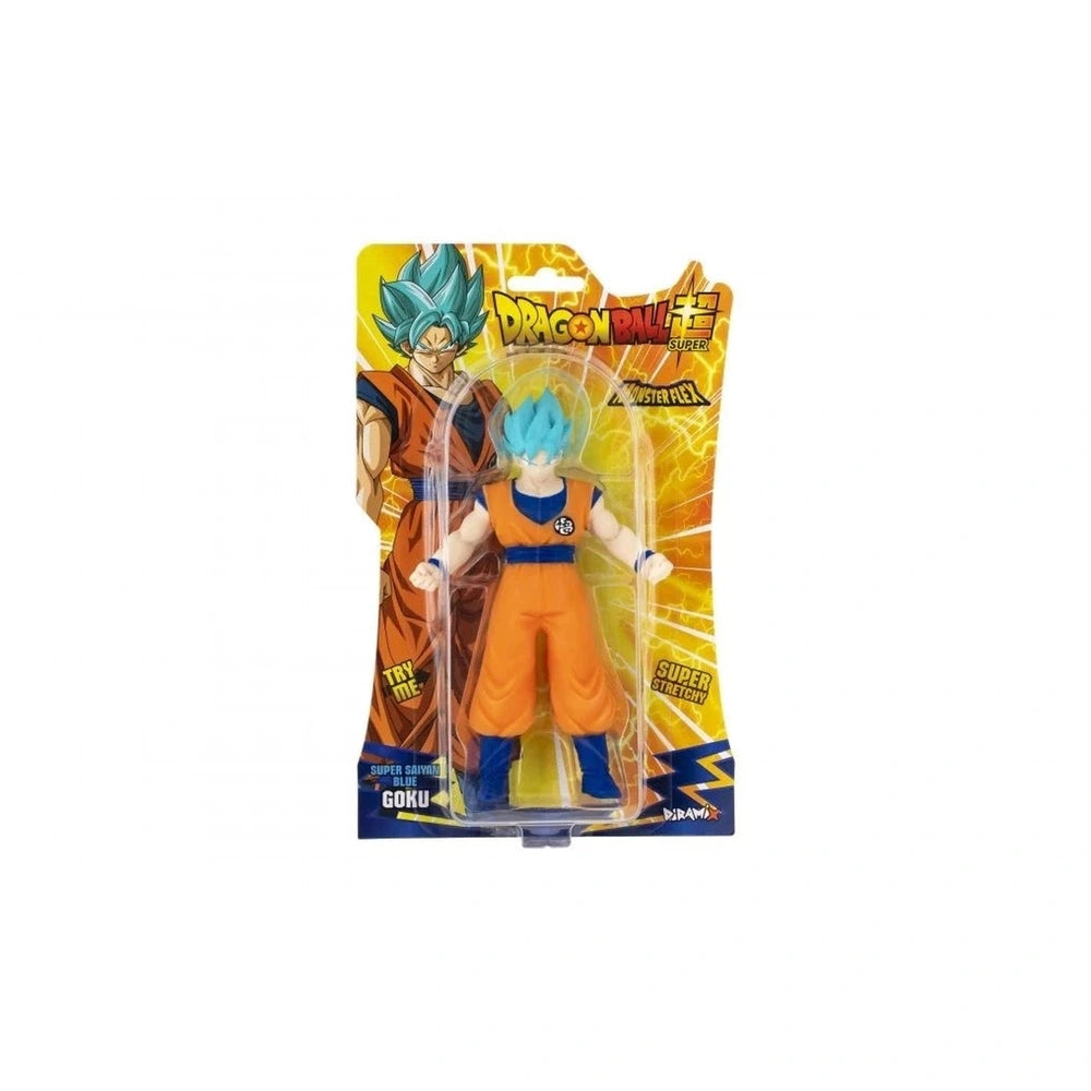 Dragon Ball Monster Flex action figure Goku in glossy plastic packaging with blue and orange colors on a yellow background.