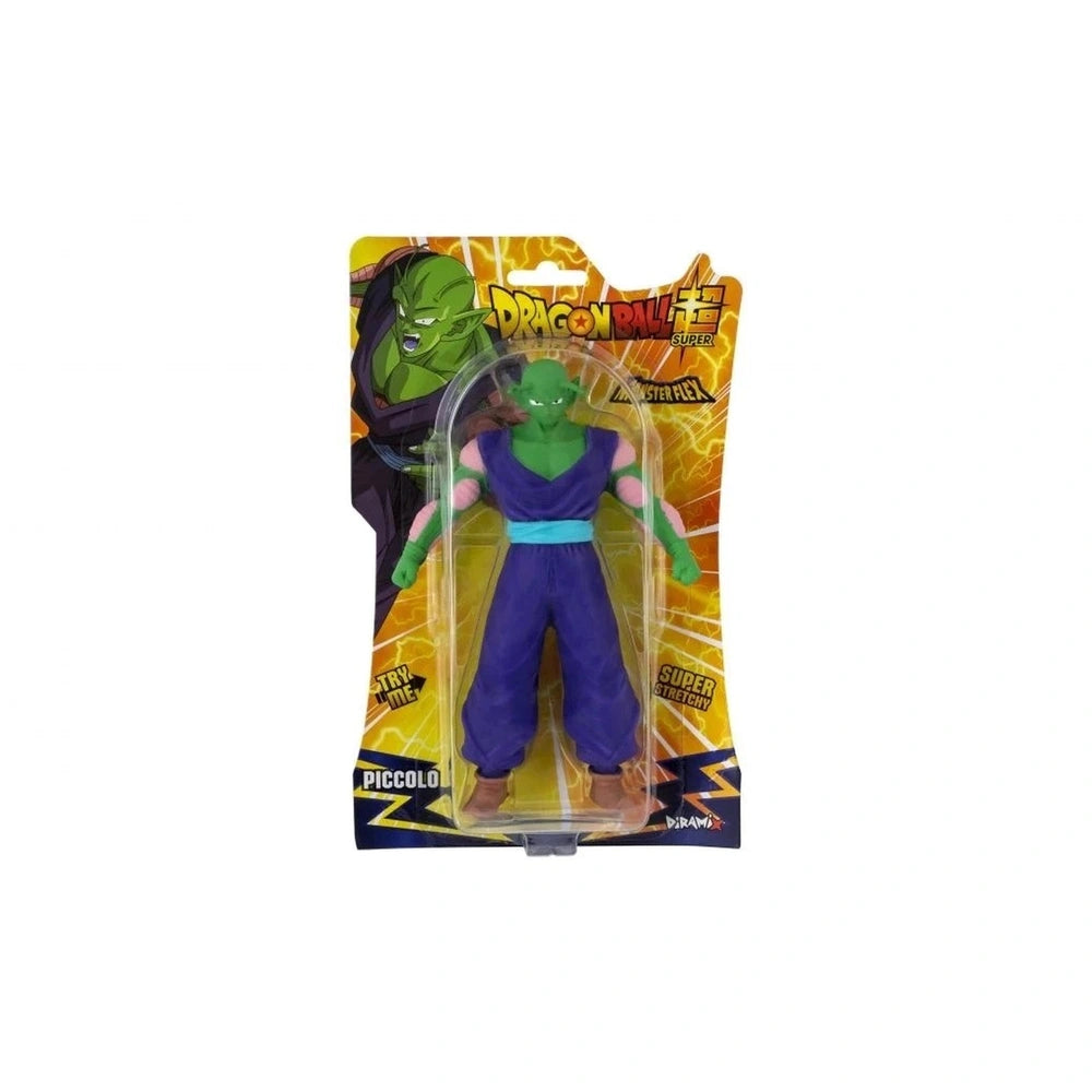 Dragon Ball Monster Flex action figure features a green-skinned male character in a purple and green costume with a yellow ba