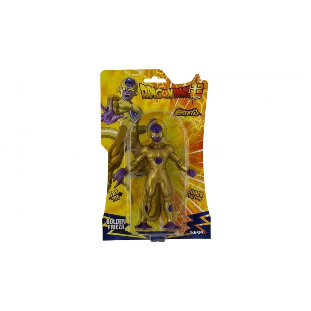 Dragon Ball Monster Flex action figure with purple and blue skin, wearing a yellow costume, holding a purple energy ball.