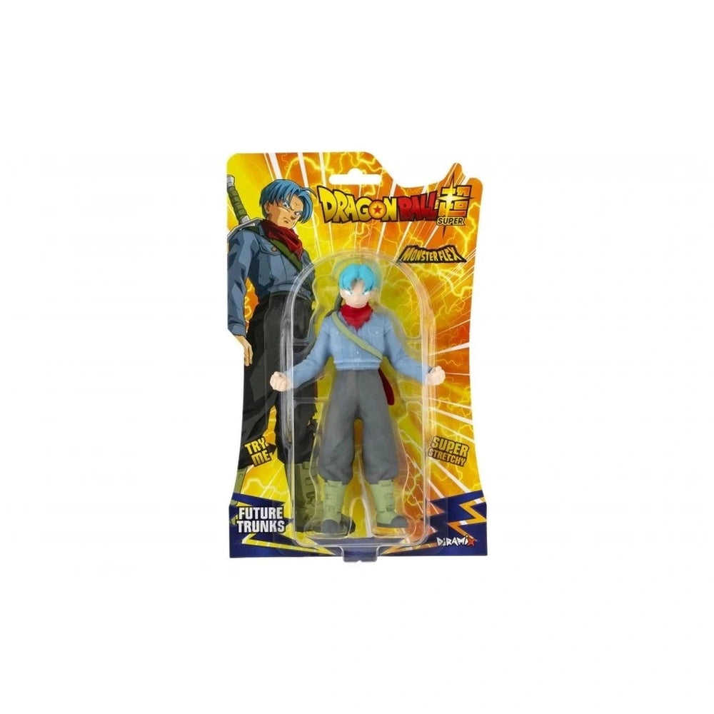 Dragon Ball Monster Flex action figures in glossy packaging with blue-haired figures in blue and gray, adorned with lightning