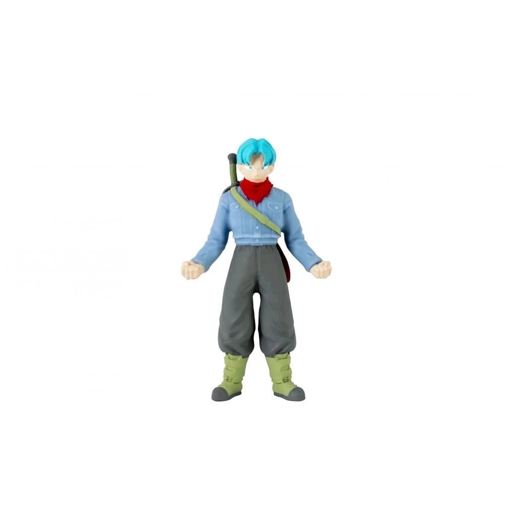 Dragon Ball Monster Flex action figure with blue hair, blue shirt, gray pants, green boots, red scarf, and green belt holding