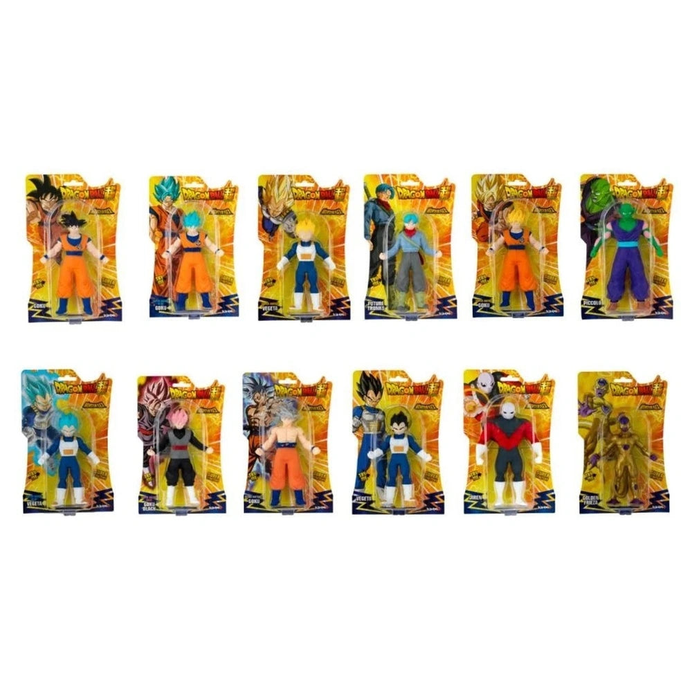 Dragon Ball Monster Flex action figures in colorful attire displayed on yellow retail packaging made of plastic and cardboard