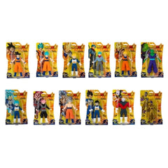 Dragon Ball Monster Flex action figures in colorful attire displayed on yellow retail packaging made of plastic and cardboard