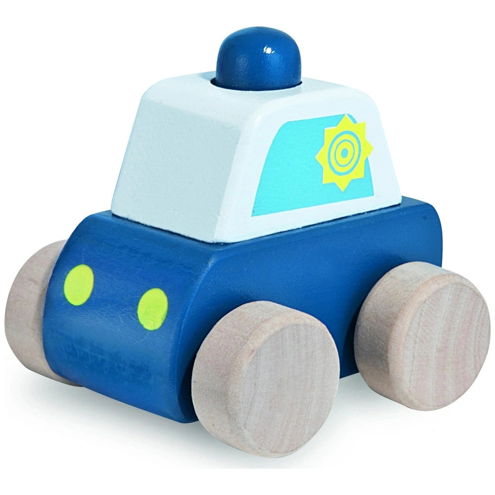 Eichhorn baby emergency car features a blue body, white top, and yellow circles resembling eyes or headlights.