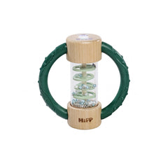 Eichhorn Baby HiPP Sound Rattle features a green handle and a clear body with colorful beads inside for sensory play.