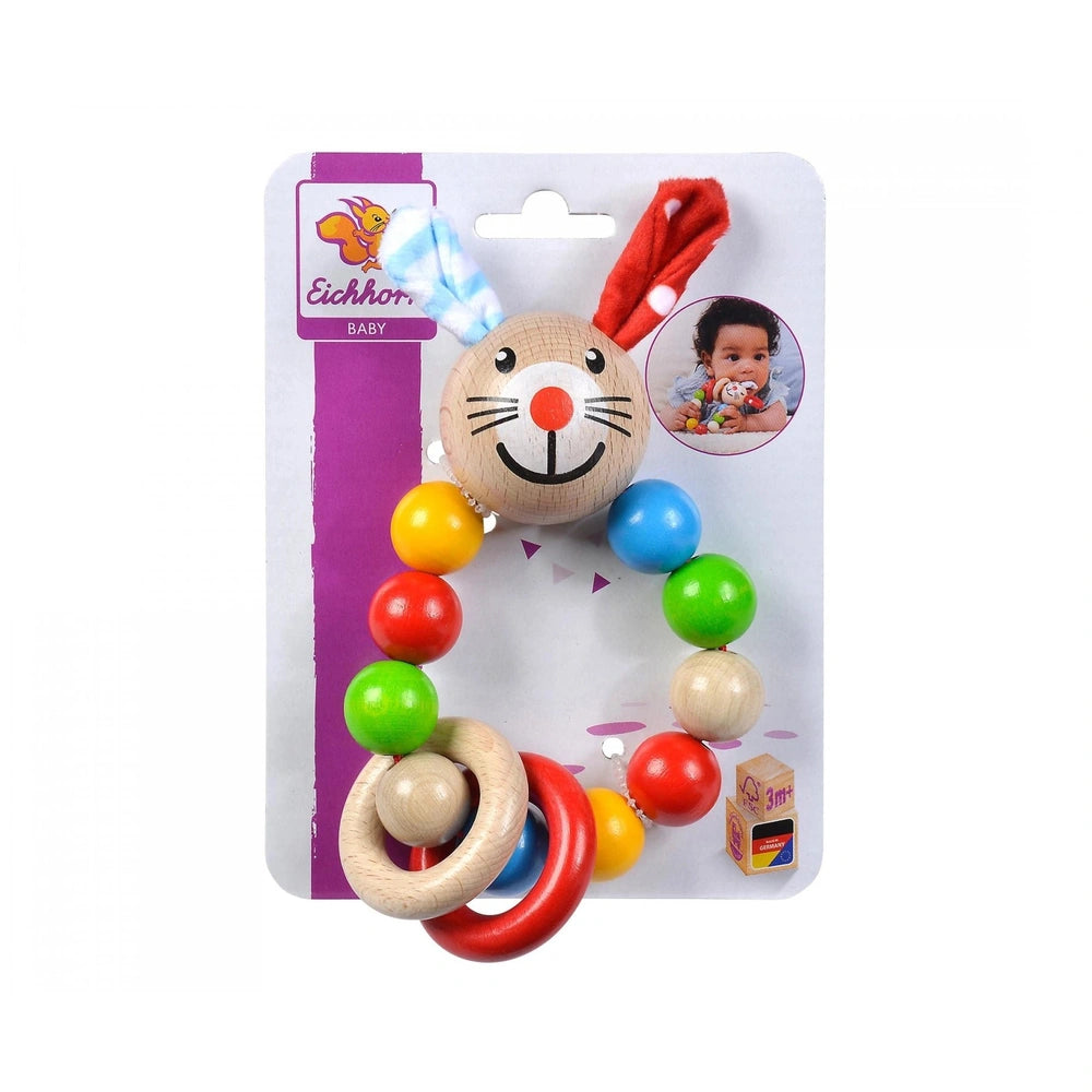 Eichhorn baby wooden teething ring shaped like a rabbit, featuring a smiling face and colorful attached balls.