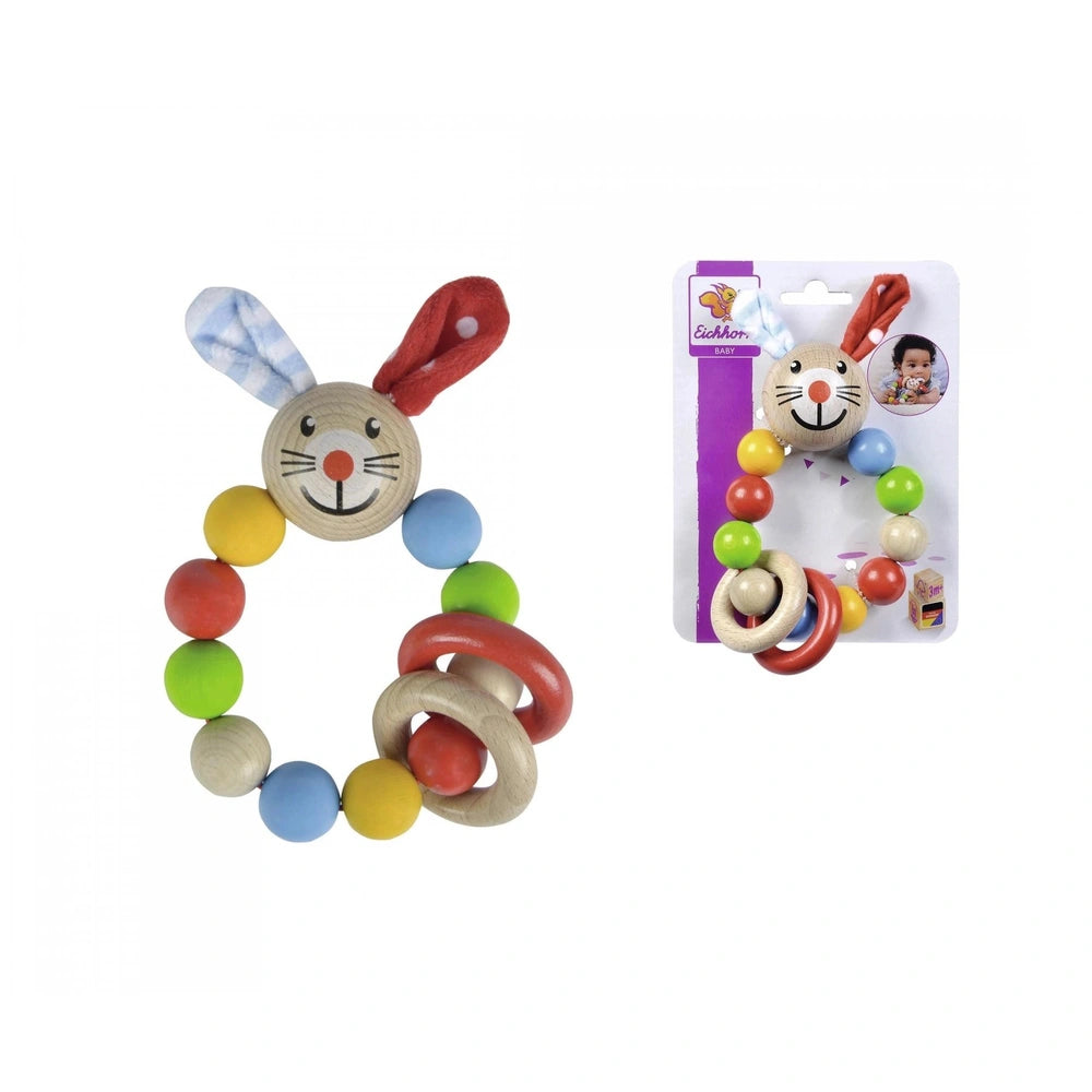 Eichhorn baby wooden teething ring rabbit features a smiling face with colorful balls around its neck, packaged alongside a s