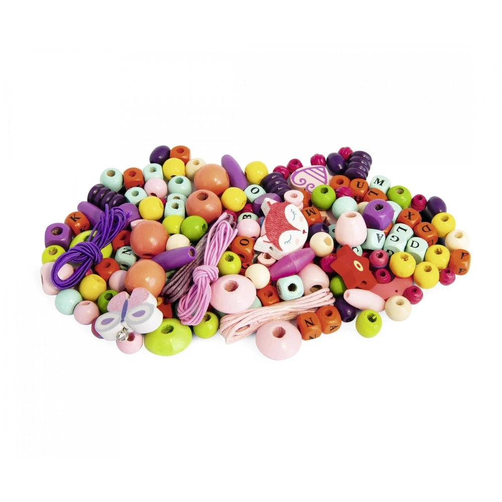 Eichhorn bead set features 190 colorful plastic pieces in various shapes, scattered on a white background.