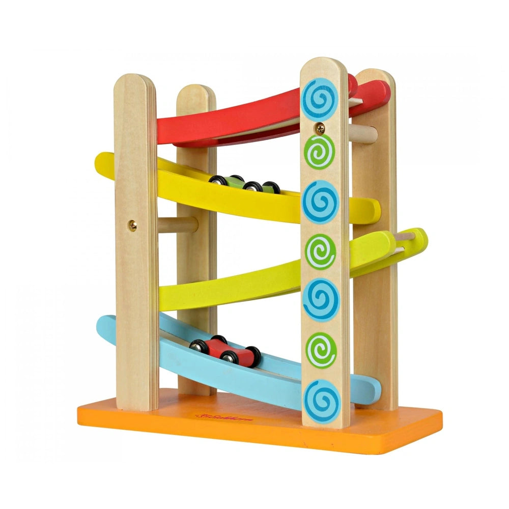 Wooden motor-racing circuit toy featuring colorful beads in red, yellow, blue, and green, designed for baby activity.