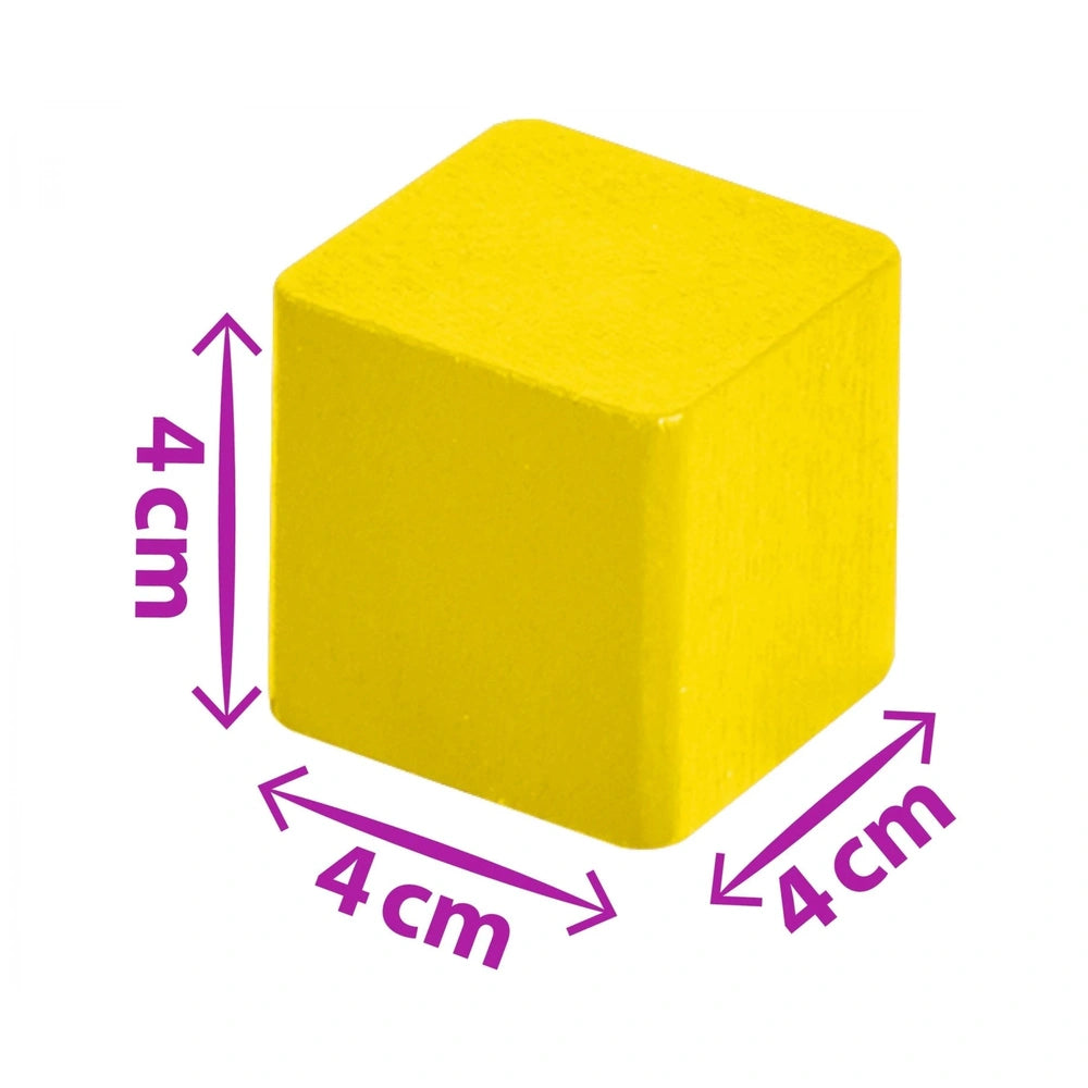 Bright yellow wooden cube toy, smooth and uniform, centrally placed against a plain white background.