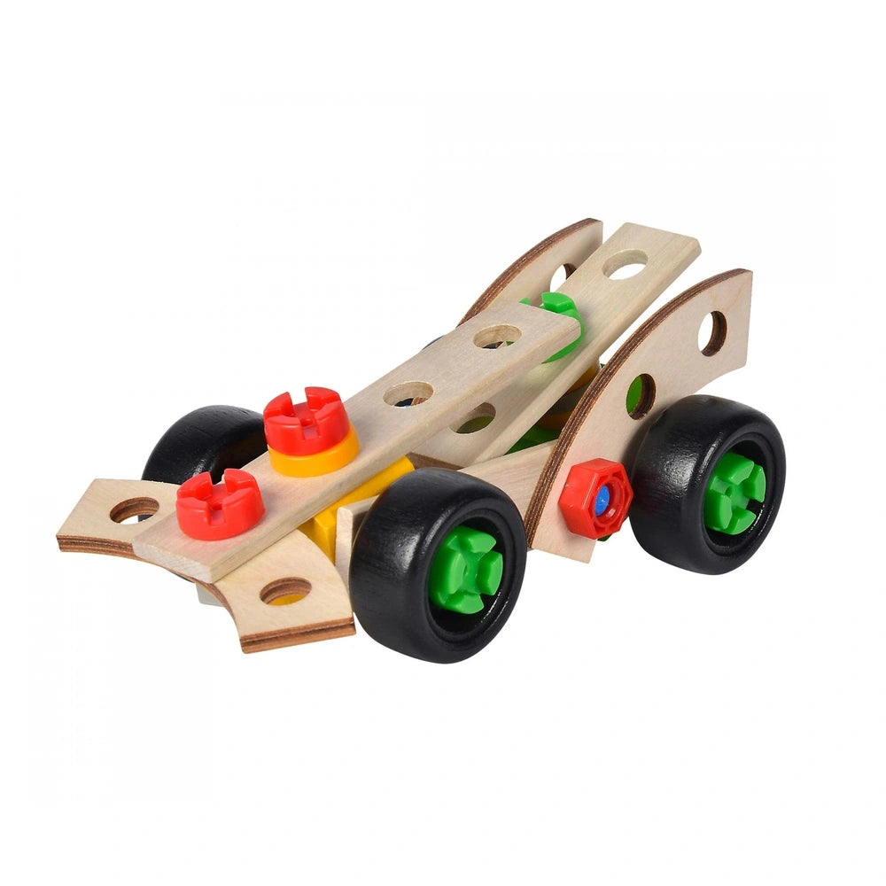 Eichhorn 3in1 Race Car construction set features a wooden toy car with a simple design, four wheels, and colorful accents.