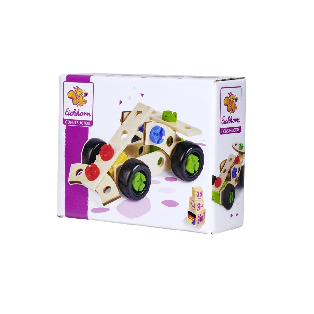 Eichhorn Constructor 3in1 Race Car construction set features a colorful wooden toy with wheels in a white box with a purple b