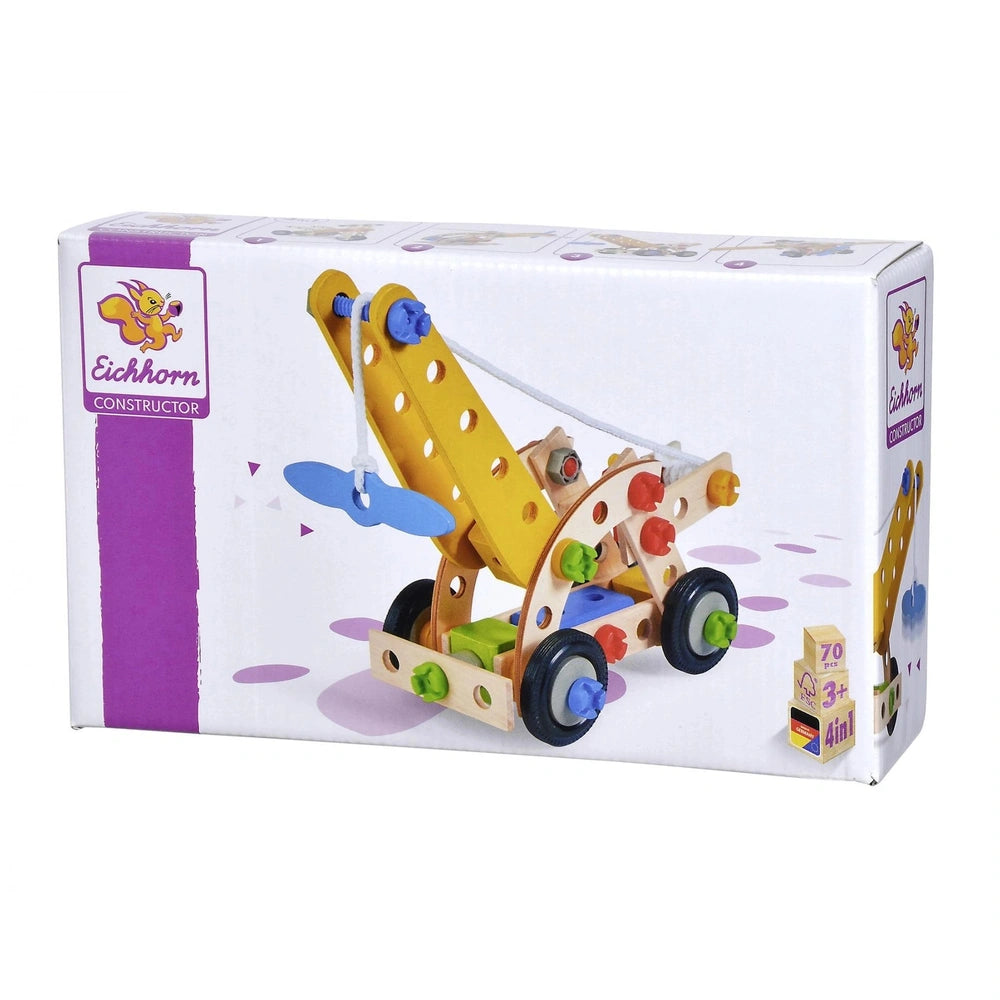 Eichhorn Constructor 4in1 construction set with 70 pieces, featuring a yellow wooden frame and colorful connectors on white p