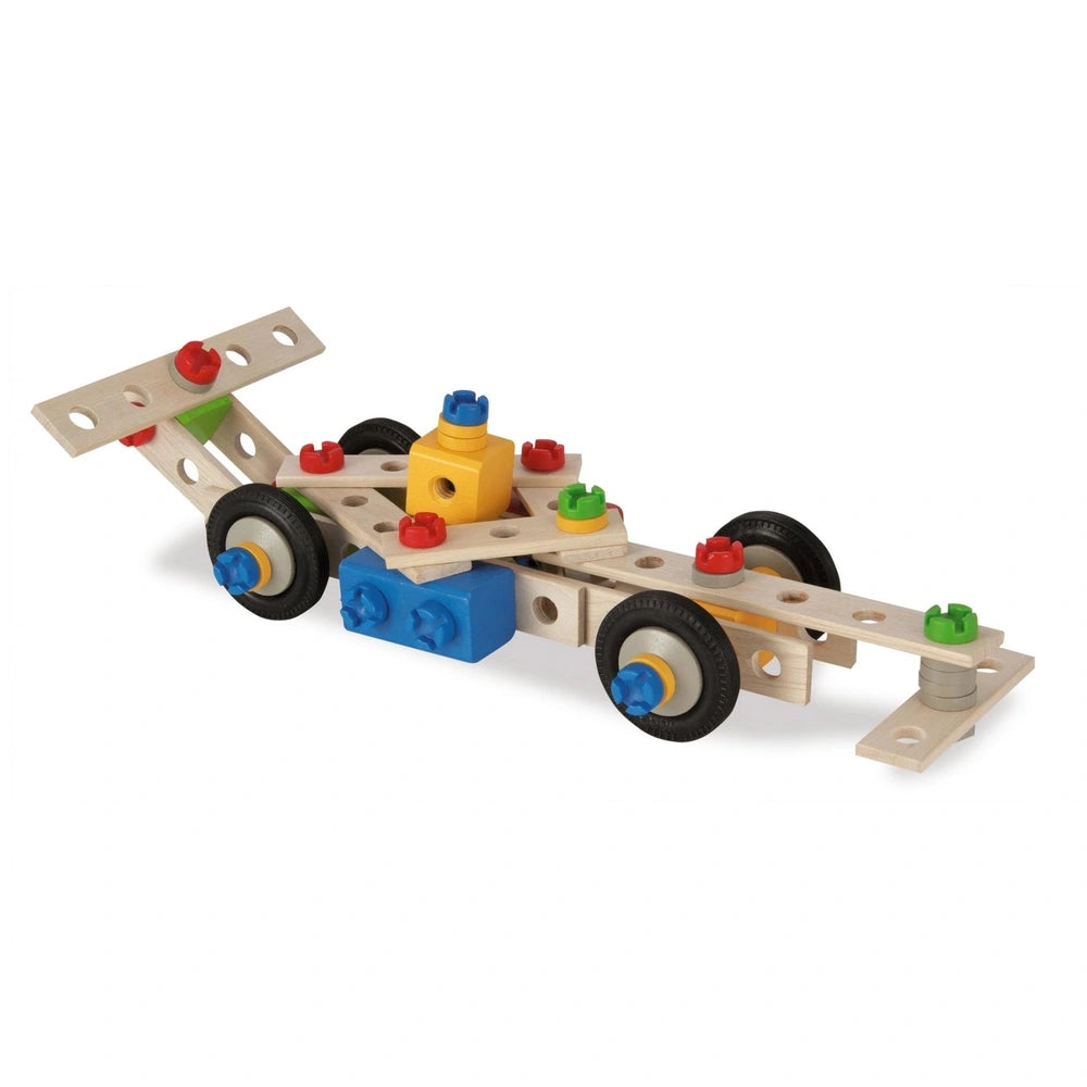 Eichhorn Constructor 5 in 1 wooden construction set features a colorful vehicle with a flatbed trailer and plastic connectors