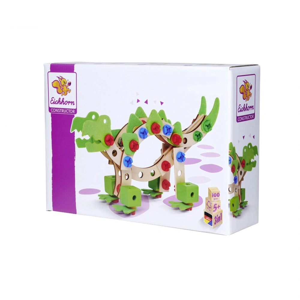Eichhorn Constructor Dinosaur construction set packaging features a glossy cardboard design with vibrant multi-colored text o