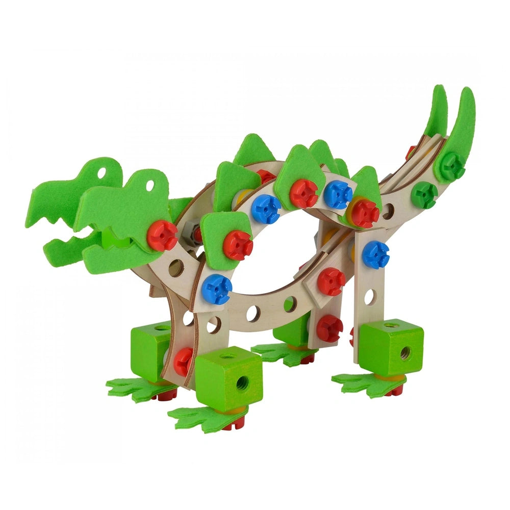 Eichhorn Constructor Dinosaur set features a green crocodile figure with wooden and plastic parts, showcasing vibrant colors.