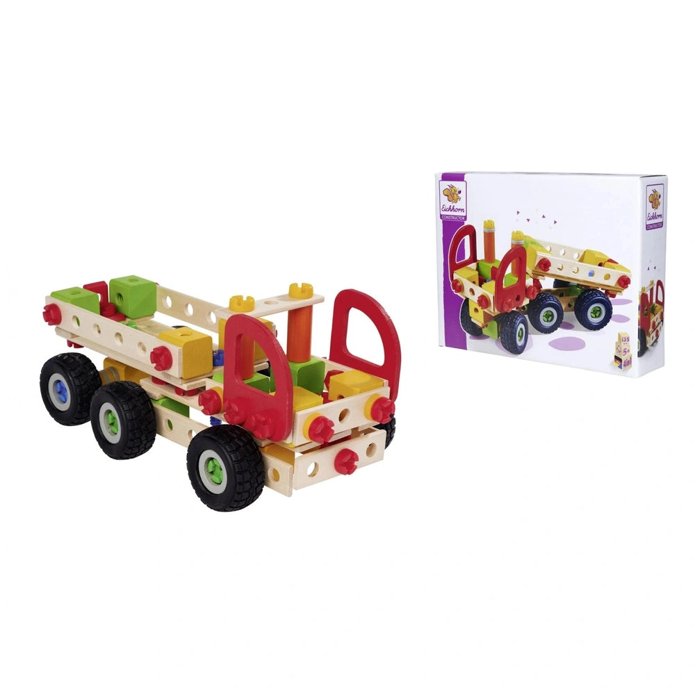 Eichhorn Constructor Truck features a wooden flatbed design in red and yellow, alongside a colorful toy box on a white backgr