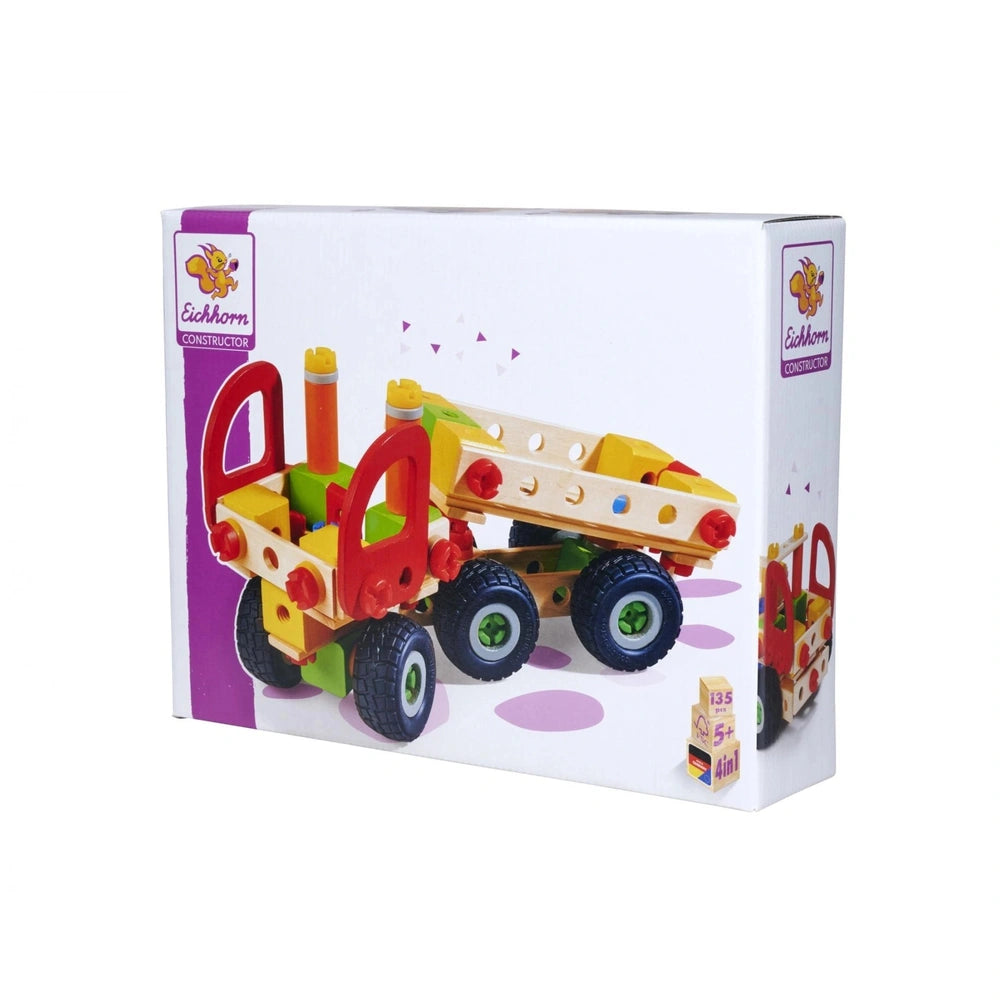 Eichhorn Constructor Truck construction set in vibrant colors, displayed in packaging with a clear window and purple accents.