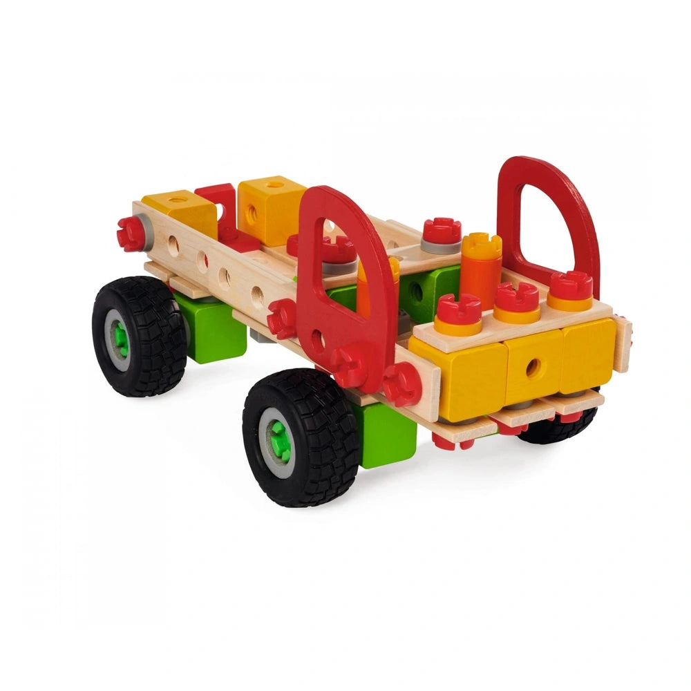 Eichhorn Constructor Truck features a wooden base, red and yellow plastic connectors, and green and black rubber-like tires.