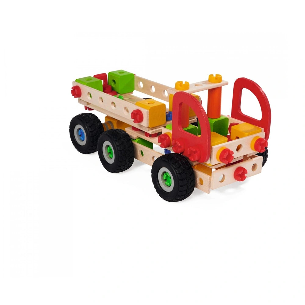 Eichhorn Constructor Truck features a red and yellow design with a wooden chassis, black wheels, and a red shovel attachment.