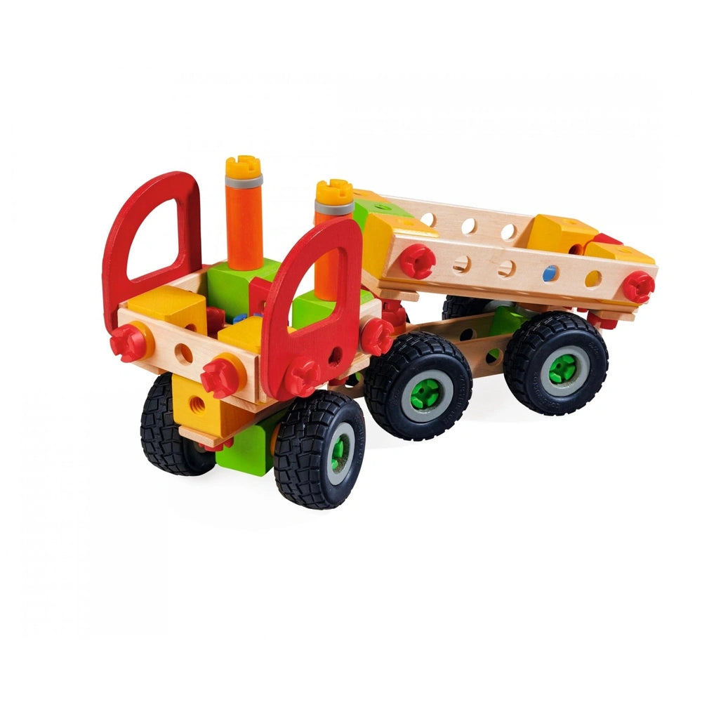 Eichhorn constructor truck features a yellow and green wooden body with black wheels and a flatbed for construction play.