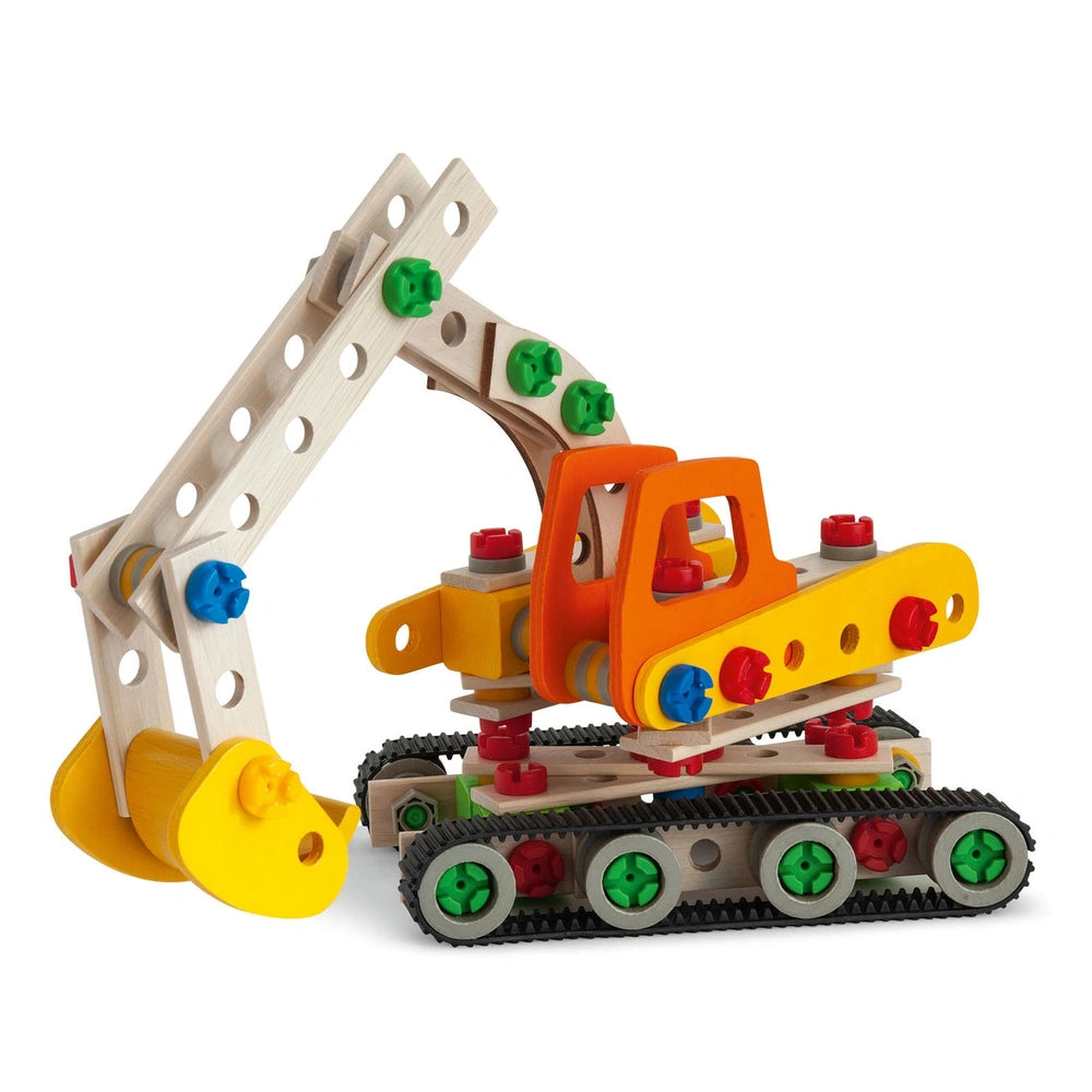 Wooden toy crane in orange with yellow and green accents, featuring a movable arm and hook, placed on a white background.