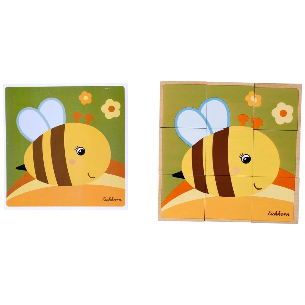 Eichhorn puzzle pieces feature a cheerful cartoon bee on a vibrant yellow and green background, designed to fit together.