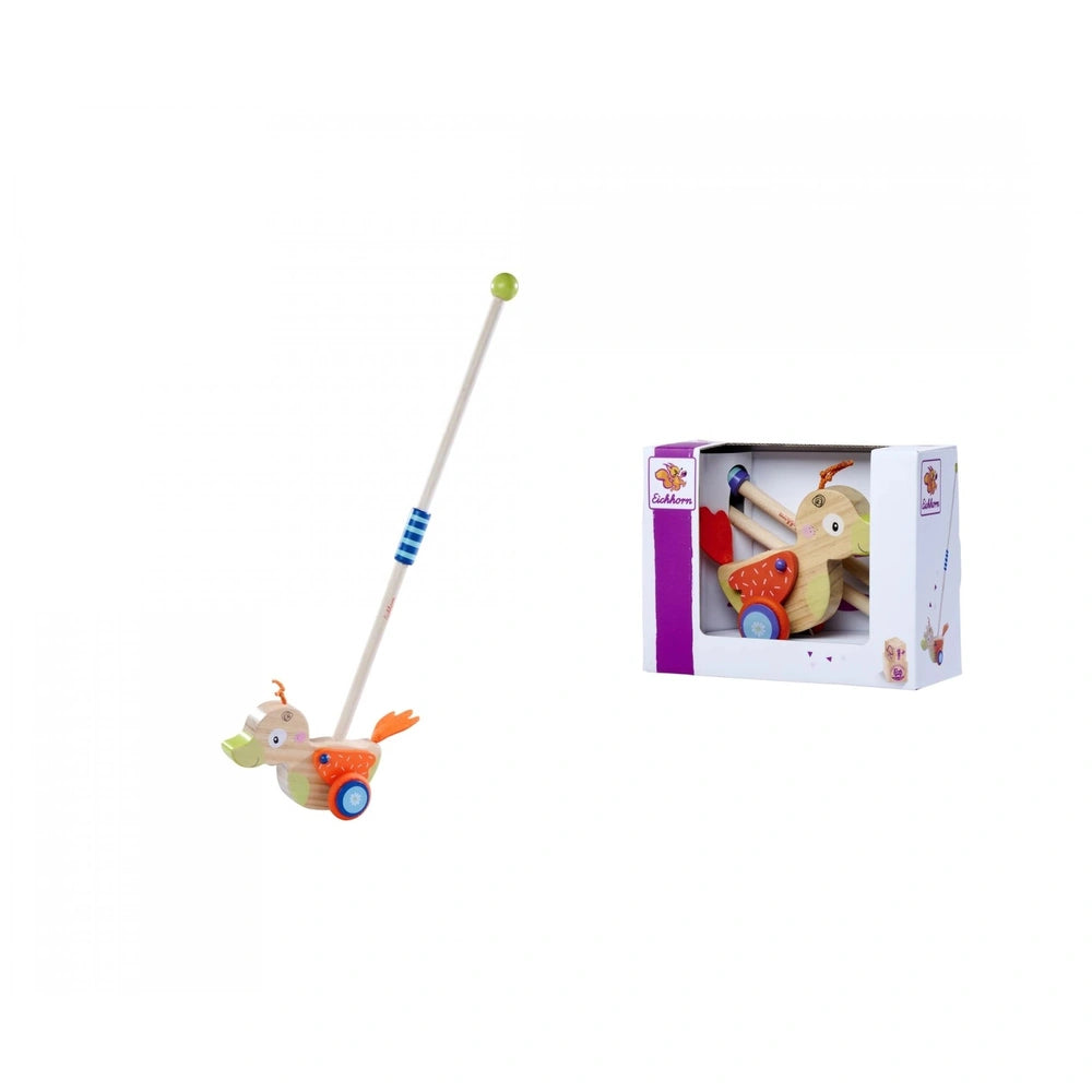 Eichhorn Duck push toy in vibrant colors made for playful push and pull fun for kids against a clean white background.