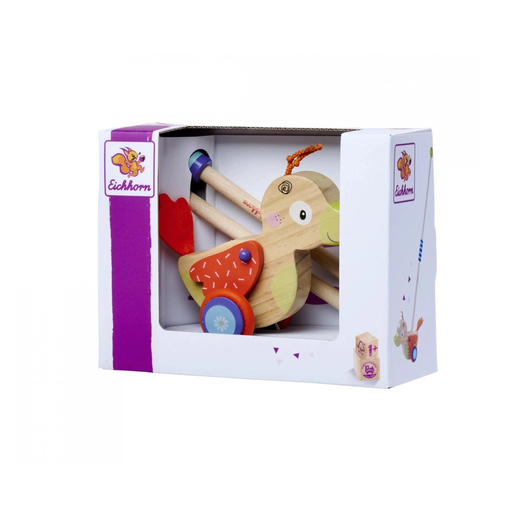 Eichhorn Duck push toy set in a box featuring a horse toy with wheels and heart design against a plain white background.
