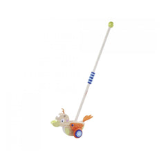Eichhorn Duck push toy features a vibrant design with a long handle, bright colors, and a playful cartoonish appearance.