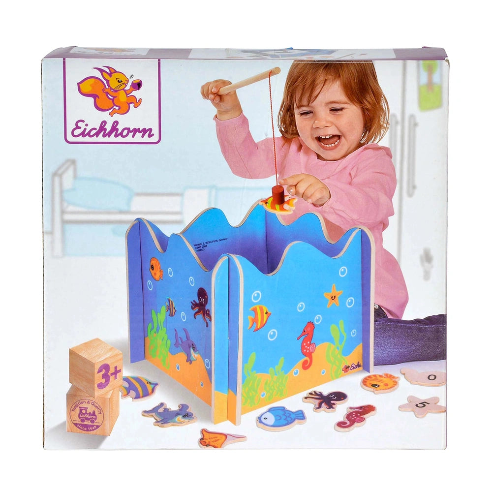 Eichhorn Fishing Game features a colorful wooden playhouse with magnetic animal shapes for interactive play.
