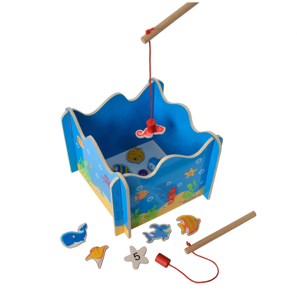 Eichhorn Fishing Game features a colorful wooden toy set with fish pieces, a blue toy box, and a fishing rod for interactive 
