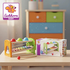 Eichhorn Hammer Bench with Xylophone, colorful wooden toy for kids featuring a mallet and vibrant musical elements.