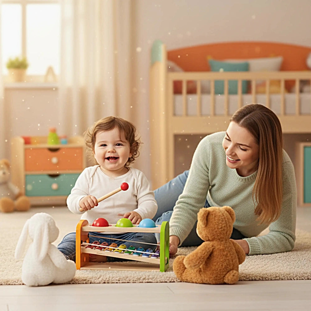 Eichhorn Hammer Bench with Xylophone, featuring a toddler playing happily in a bright, pastel-colored childs bedroom.