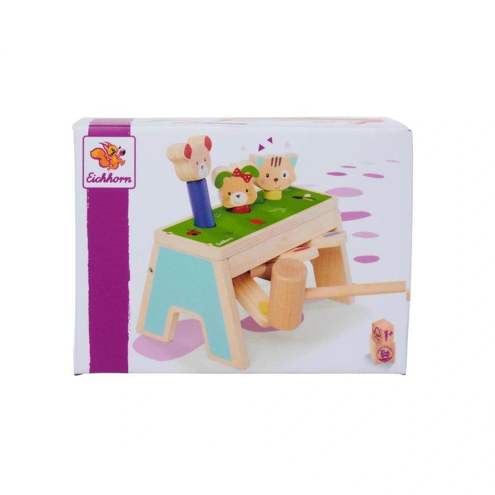 Eichhorn Knocking Game Pop Up features a colorful wooden table with playful bear figures, ideal for baby activities.