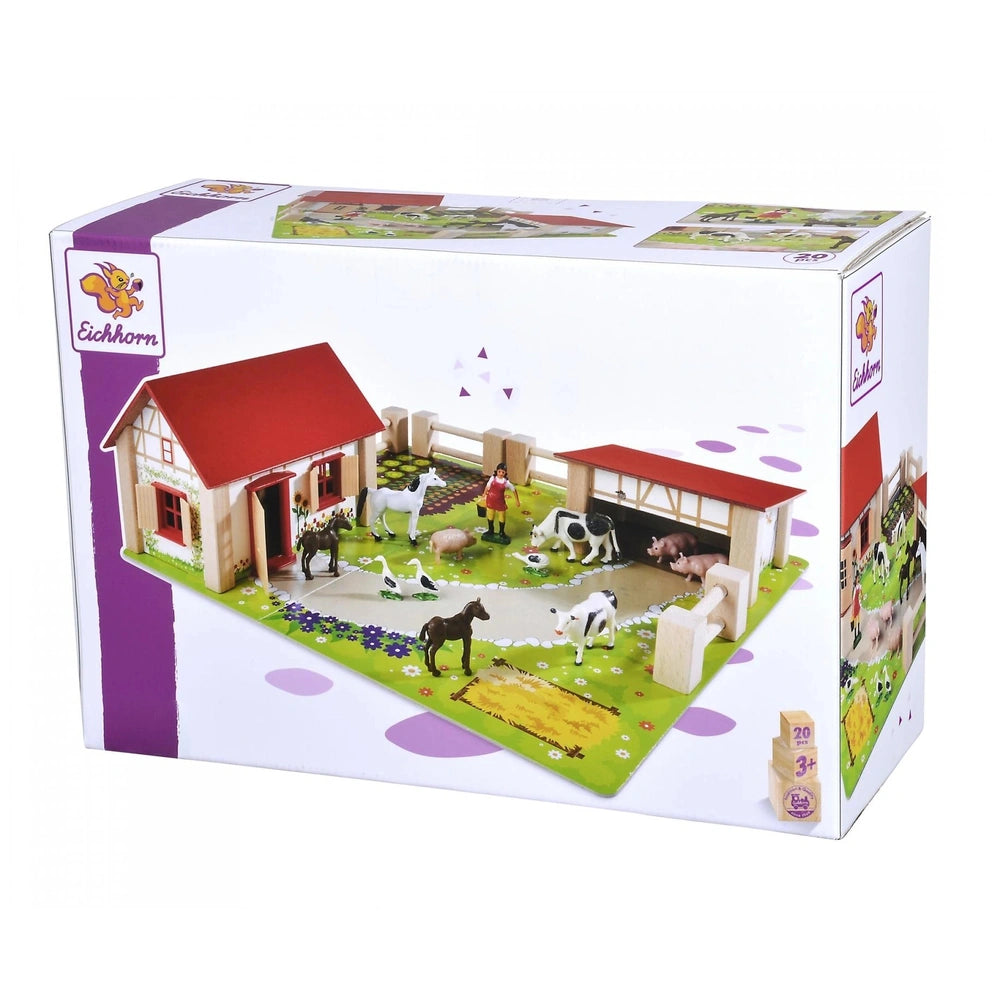 Eichhorn Little Farm Set boxed toy playset featuring a colorful farm scene with animals, barn, windmill, and fence illustrati