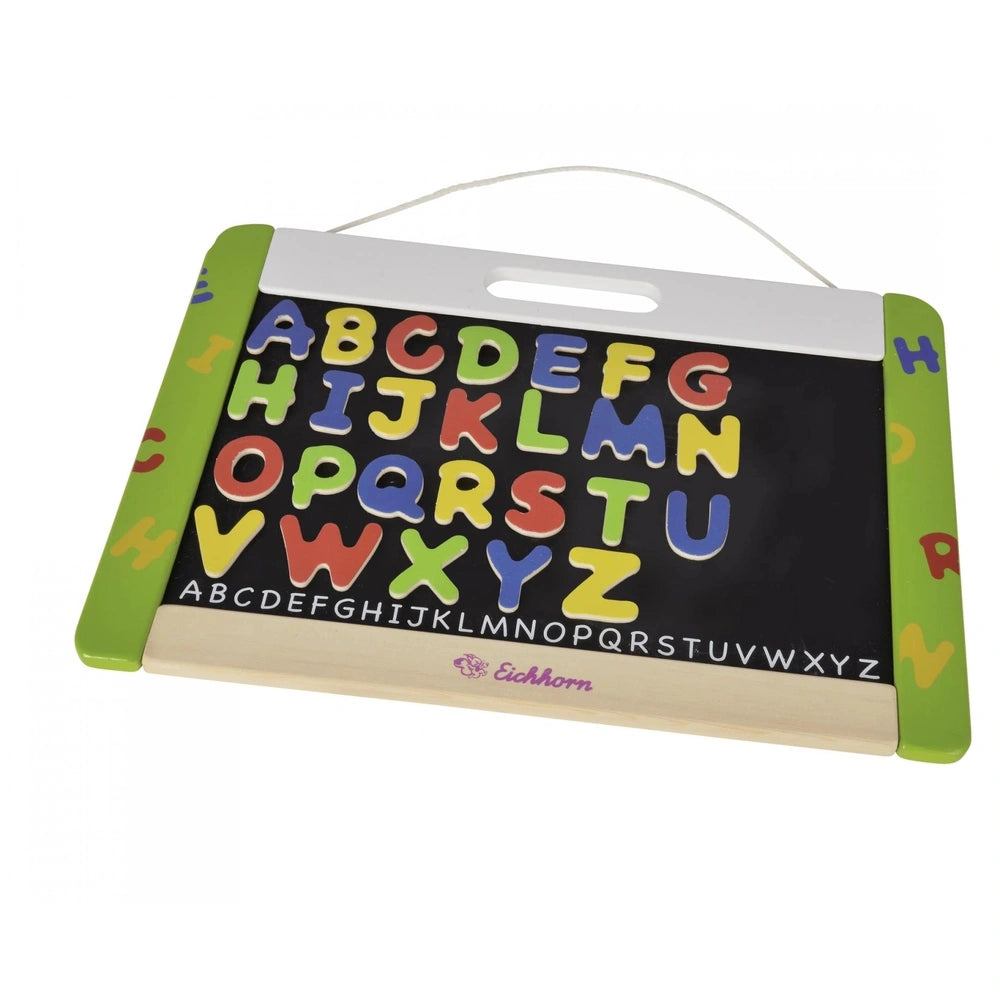 Eichhorn educational toys magnetic and chalkboard with colorful alphabet chart in green frame for playful learning.