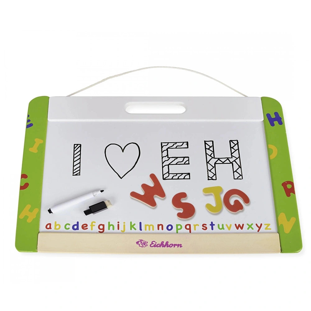 Eichhorn magnetic and chalkboard toy with colorful letters, shapes, and a marker for educational play.