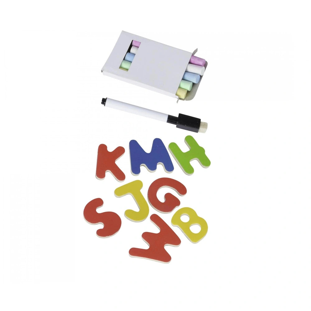Eichhorn Magnetic and Chalkboard educational toys featuring colorful letters, a box of crayons, and a marker on a white backg