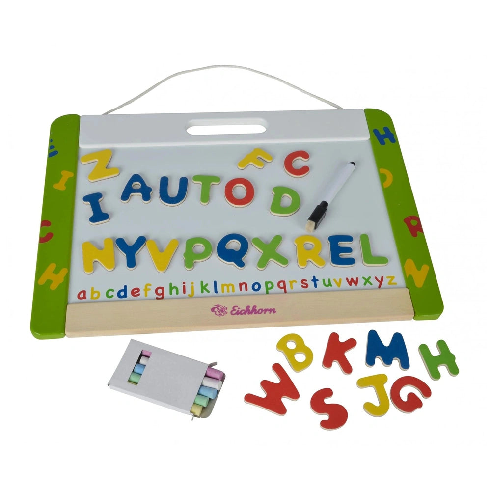 Eichhorn Magnetic and Chalkboard educational toy with colorful alphabet letters and magnetic pen on a white background.