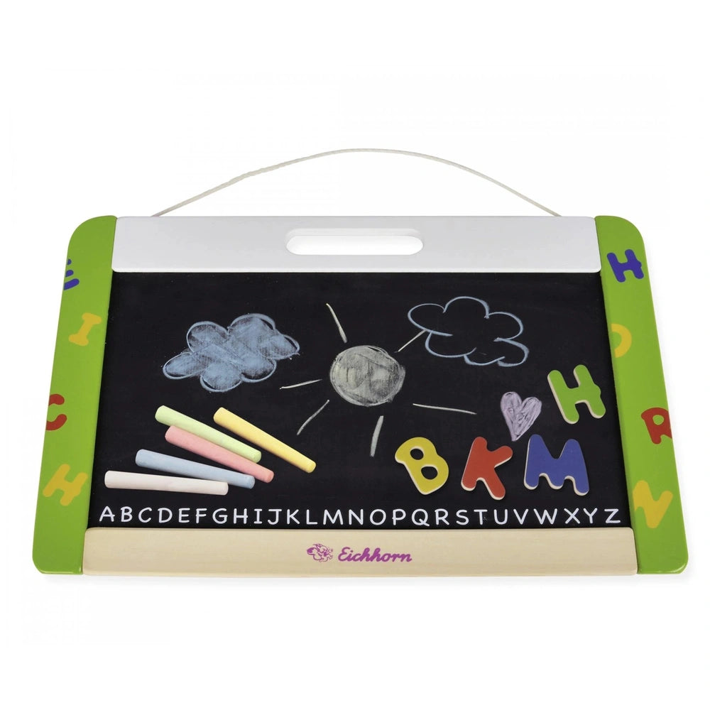 Eichhorn Magnetic and Chalkboard features colorful drawings, letters A-Z, and numbers 1-12, showcased on a framed blackboard.