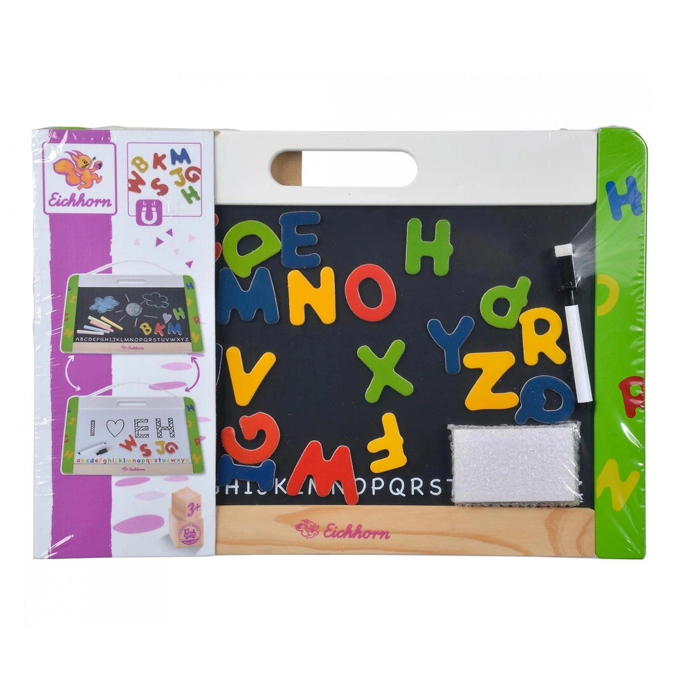 Eichhorn Magnetic and Chalkboard Educational Toys packaging features colorful magnetic letters and an animal-themed letter se