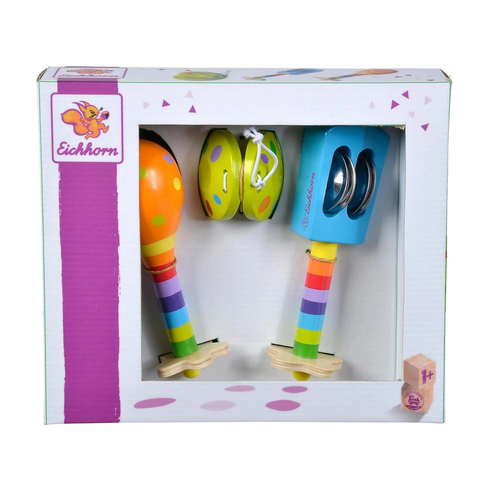 Eichhorn maracas set featuring colorful cartoon character designs in an open box with a vibrant background.