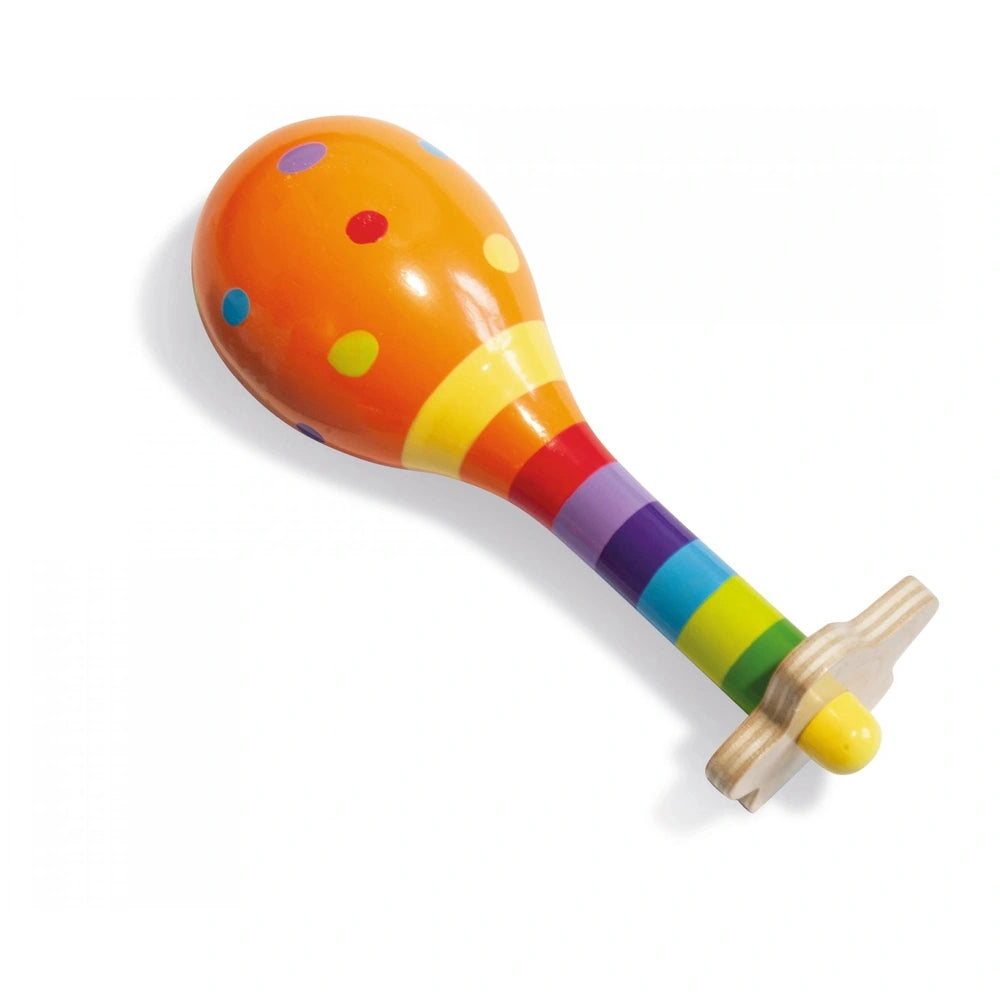 Eichhorn maracas featuring a colorful gradient design and wooden handle against a plain white background.