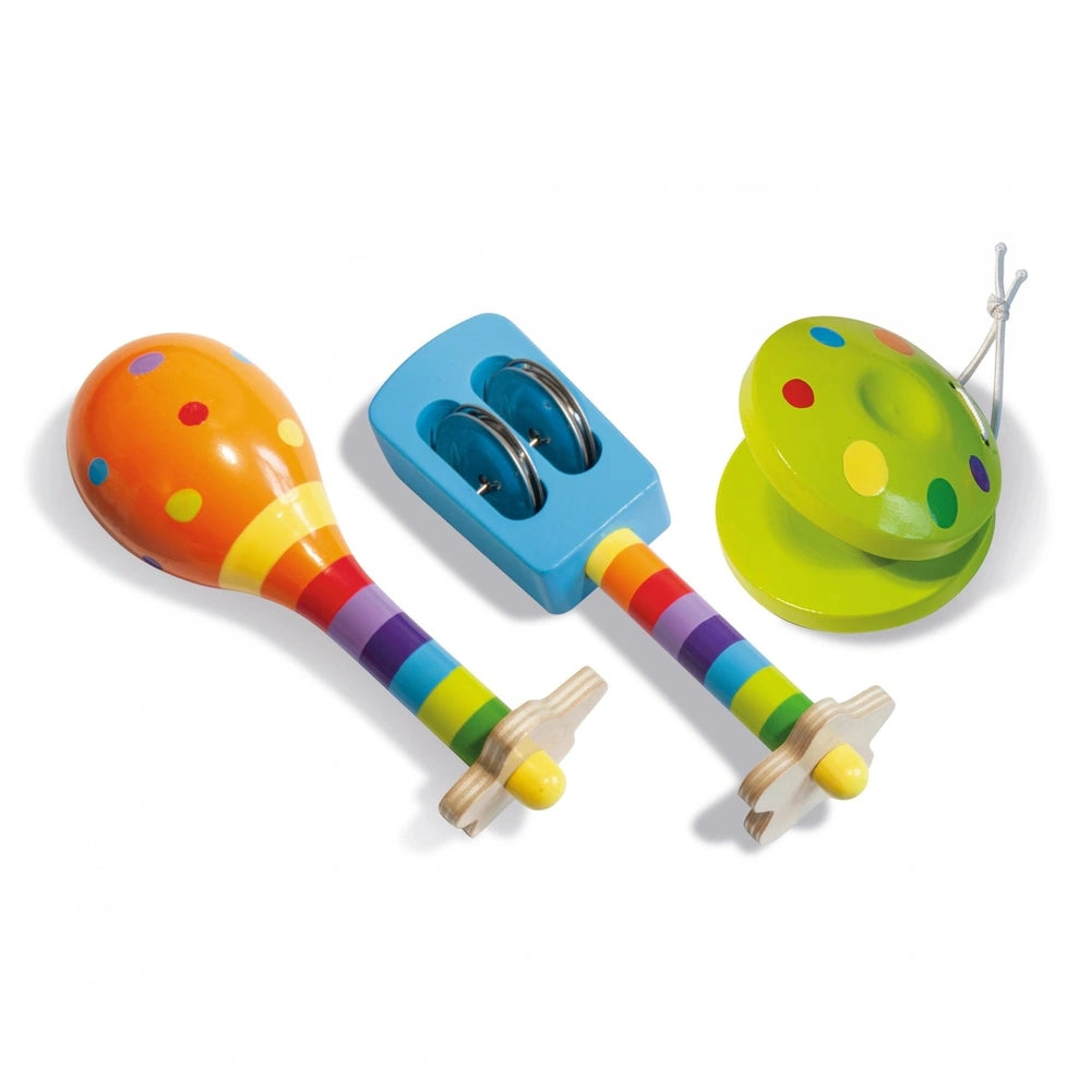 Eichhorn maracas and colorful childrens toys, featuring vibrant designs and playful shapes on a white background.