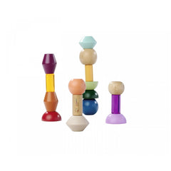 Eichhorn Montessori Stacking Beads showcase vibrant, colorful wooden toys arranged in cone shapes on a plain white background