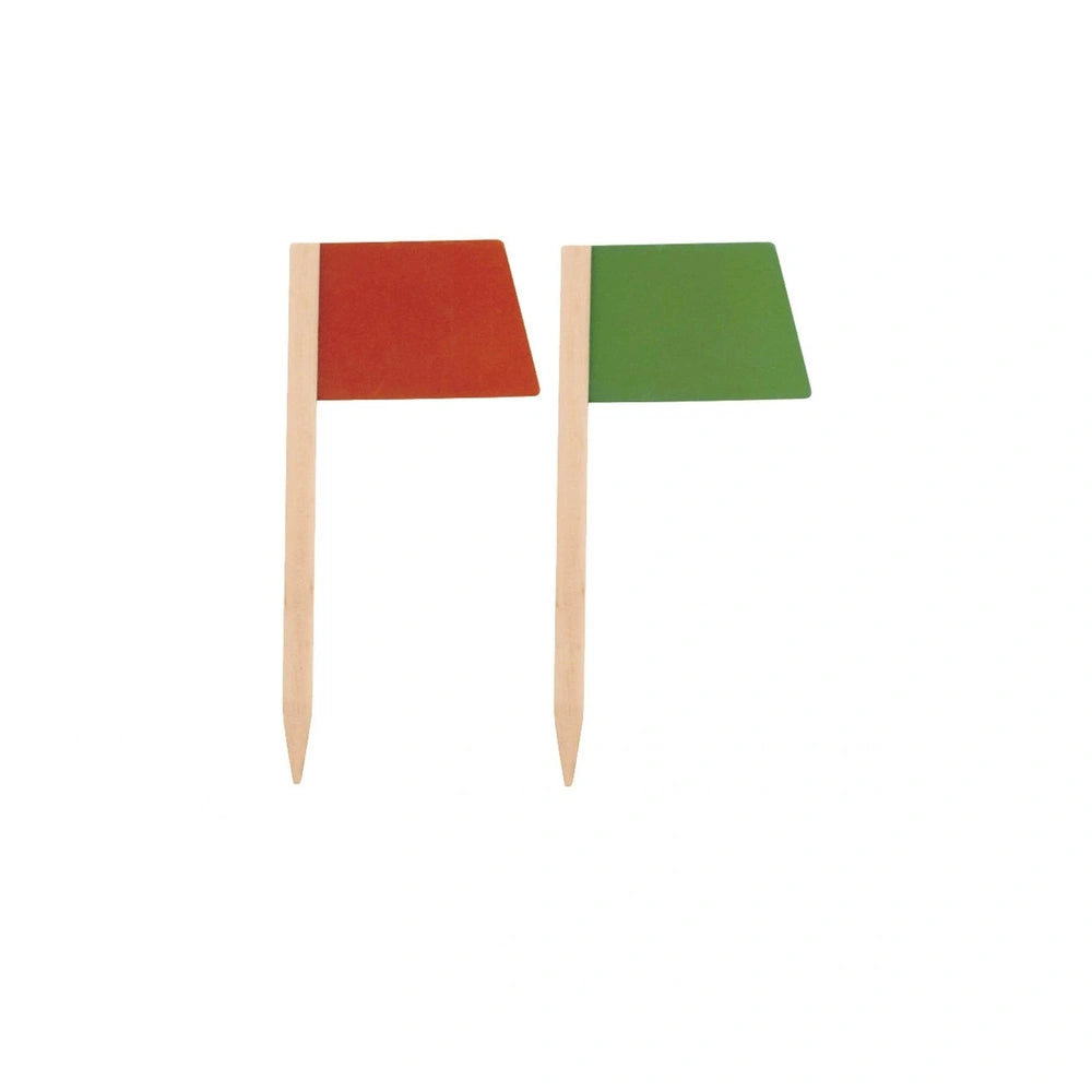Eichhorn Outdoor Croquet Set features red and green wooden flags with pointed ends, displayed against a light background.