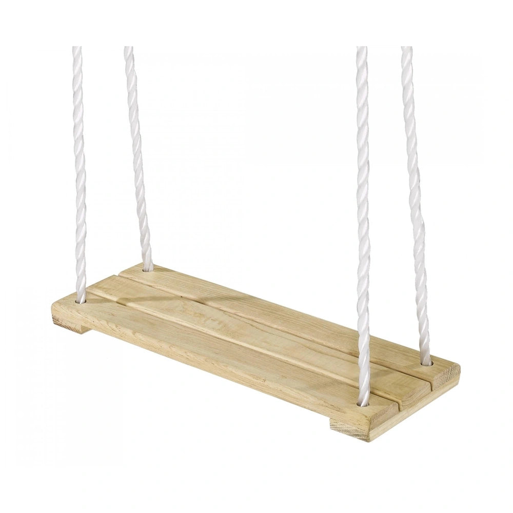 Eichhorn Outdoor Wooden Swing with a natural light brown seat and white ropes, designed for outdoor play, supports up to 60 k