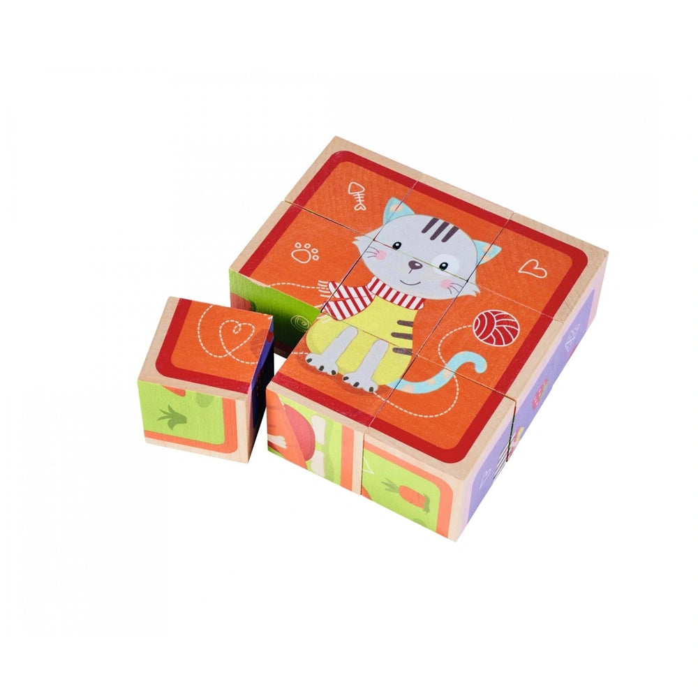 Eichhorn Picture Cube Friends puzzle featuring a colorful cartoon cat with glasses and playful elements in 9 interlocking pie