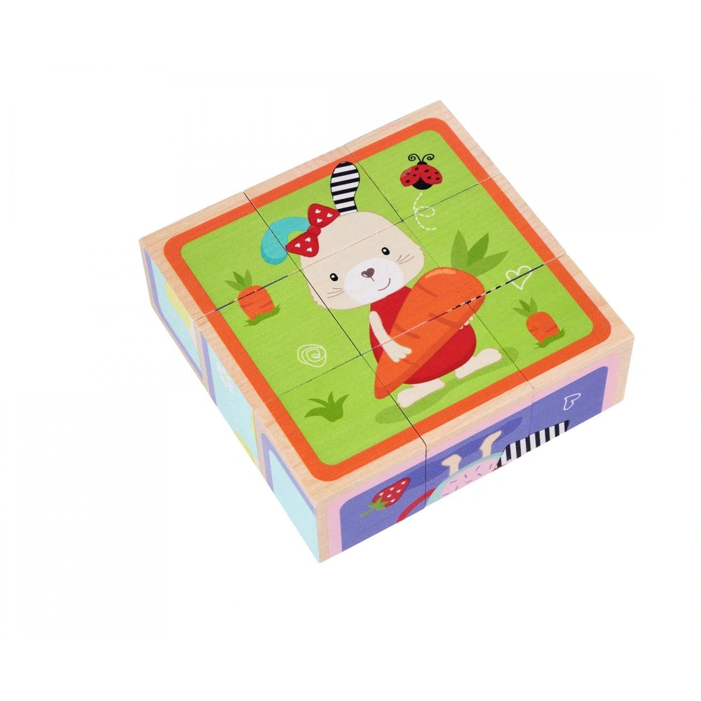 Eichhorn Picture Cube Friends set features colorful wooden puzzles with playful animal designs for children.